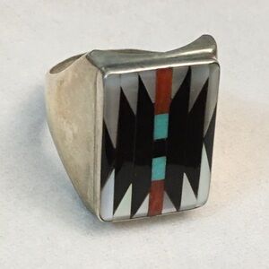 Vtg Wow Silver Inlaid Ring Onyx, Coral, Turquoise, Mother of Pearl stones. Sz.11
